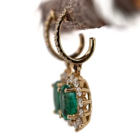 Zambian Emerald Earrings with Natural Diamonds in Solid 14K Gold - Picture 6 of 7